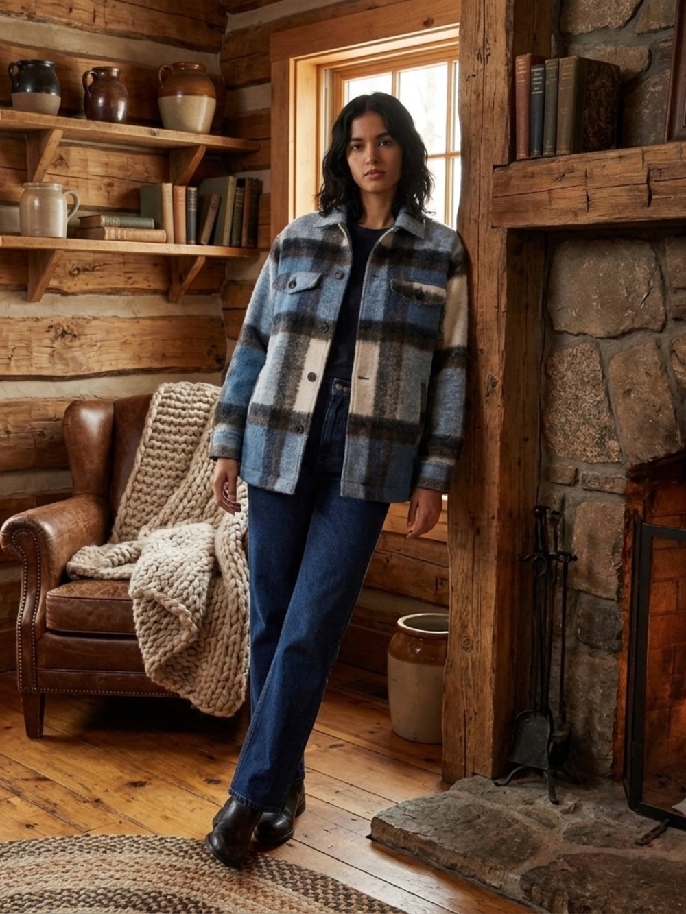 ZARA Italian Fabric Plaid Shacket Oversized Wool Blend Jacket Blue Medium
